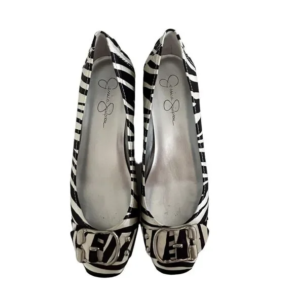 Jessica Simpson Black White Zebra Fabric Wedge Sz 7.5 Kitten Heel Buckle JS-DAFA - Picture 5 of 10
